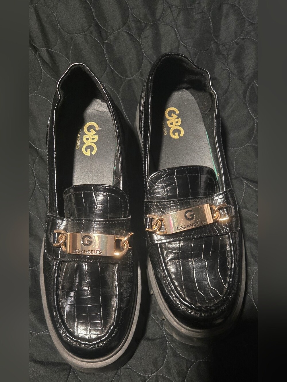 GBG Los Angeles Black Croc-Embossed Loafers with Gold Plaque Accent